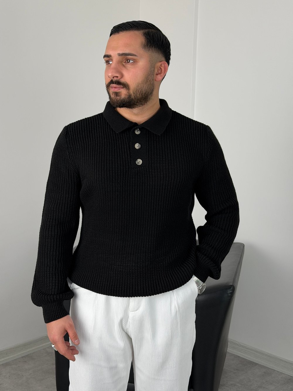 SELANİK KALIN ÖRGÜ DÜĞMELİ TRİKO POLO YAKA SİYAH