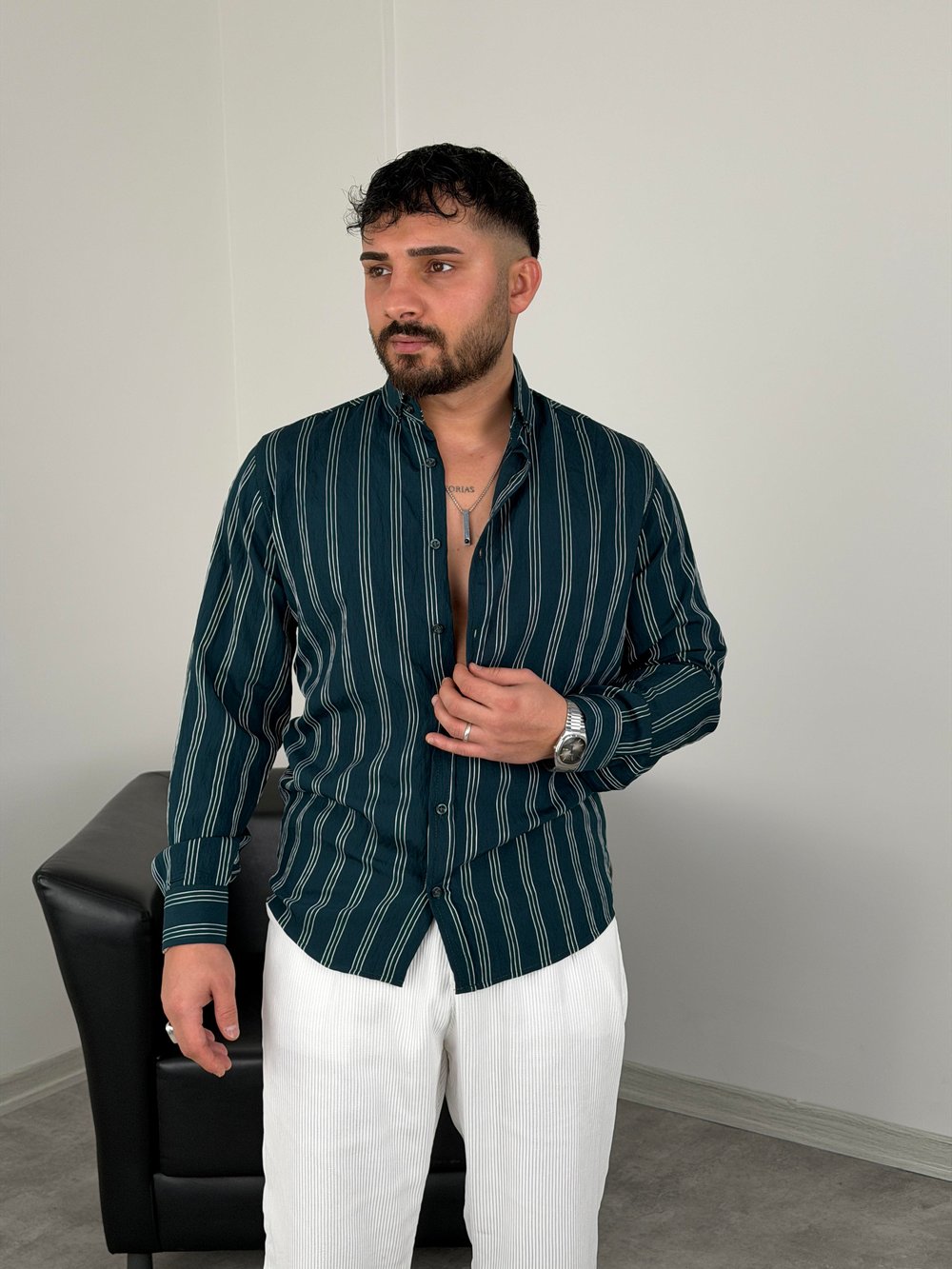 TENSEL KUMAŞ ÇİZGİLİ UZUNKOL GÖMLEK YEŞİL