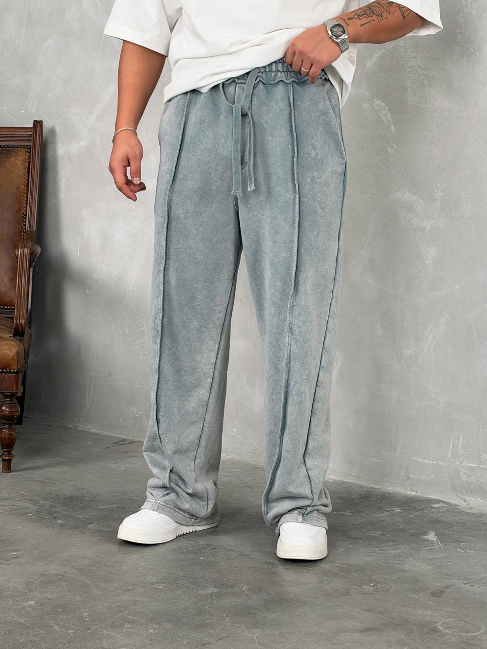 Ters Dikiş Detaylı Süper Baggy Eşofman Gri