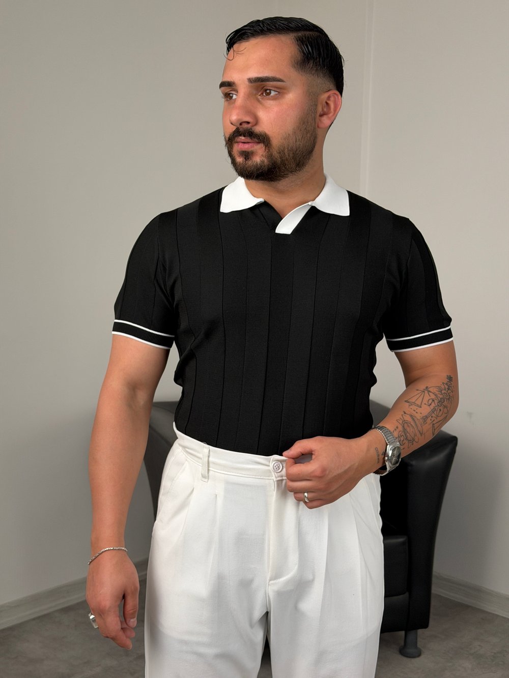 Venedik triko polo yaka tişört Siyah