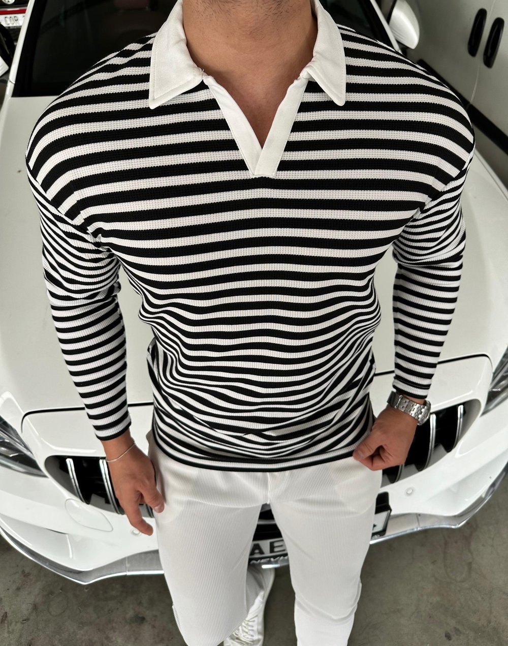 Waffle Polo Yaka %100 Pamuk Sweatshirt Siyah