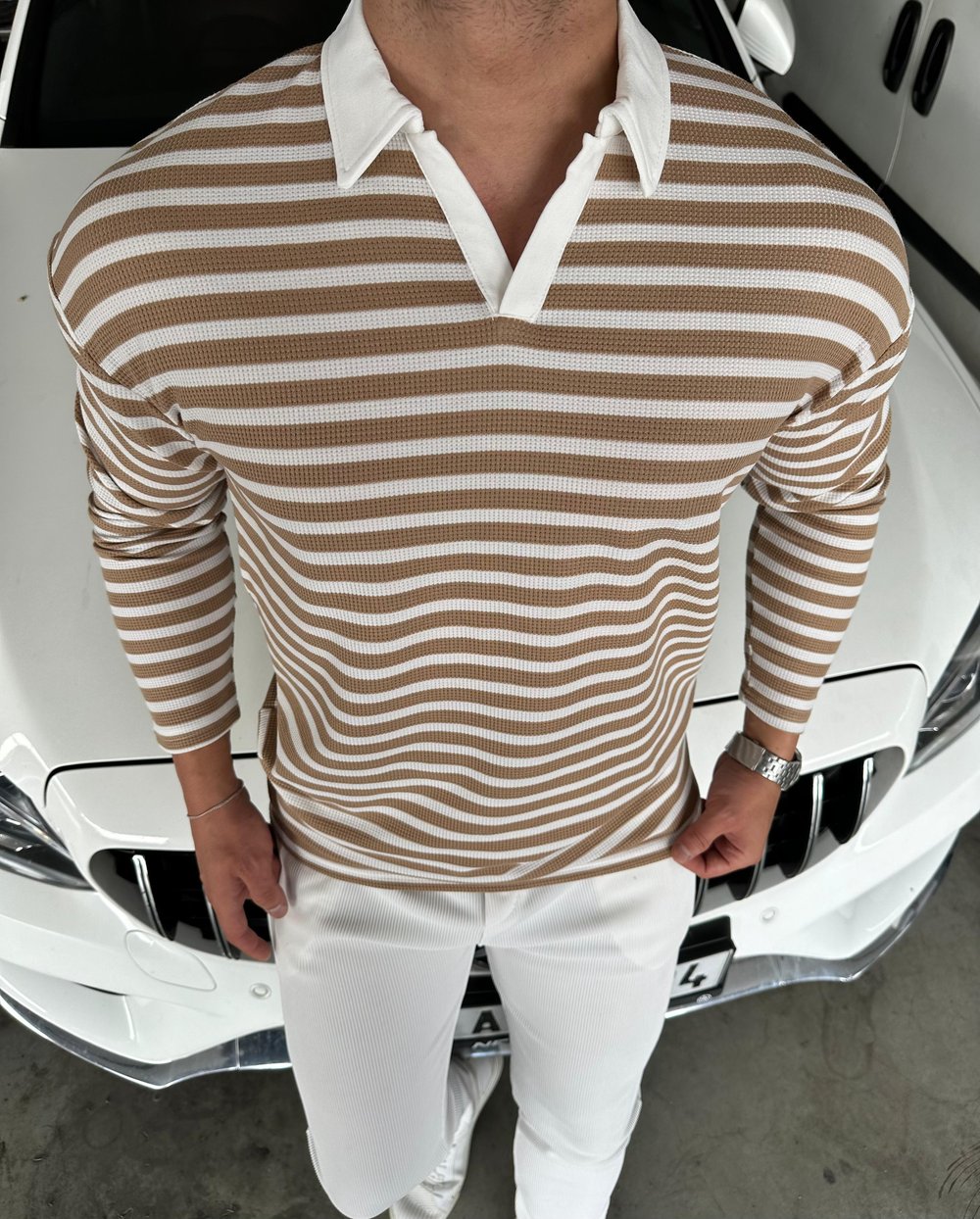 Waffle Polo Yaka %100 Pamuk Sweatshirt Bej