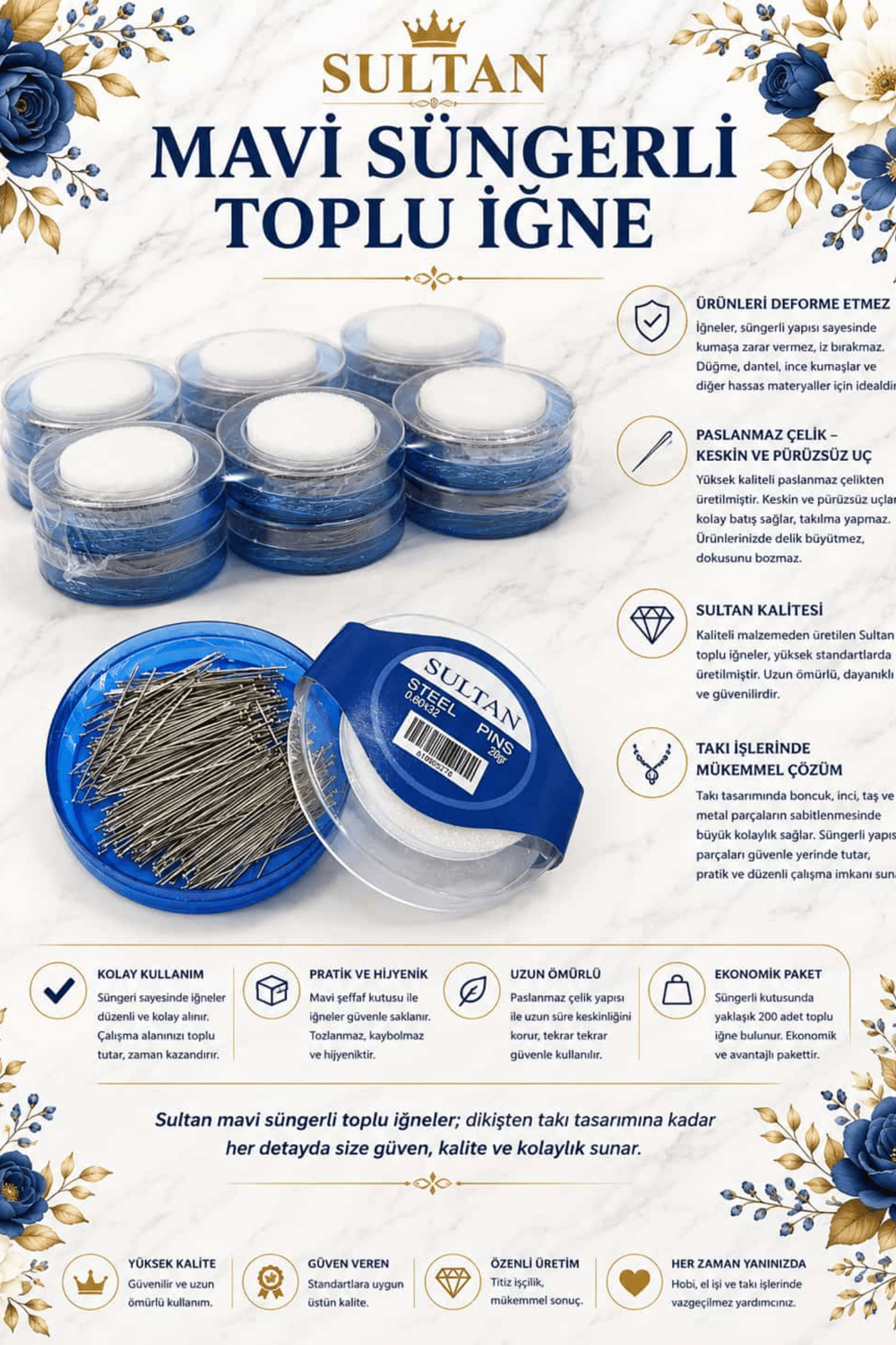 SULTAN ORJİNAL ÇELİK TOPLU İĞNE MAVİ SÜNGERLİ 20GR