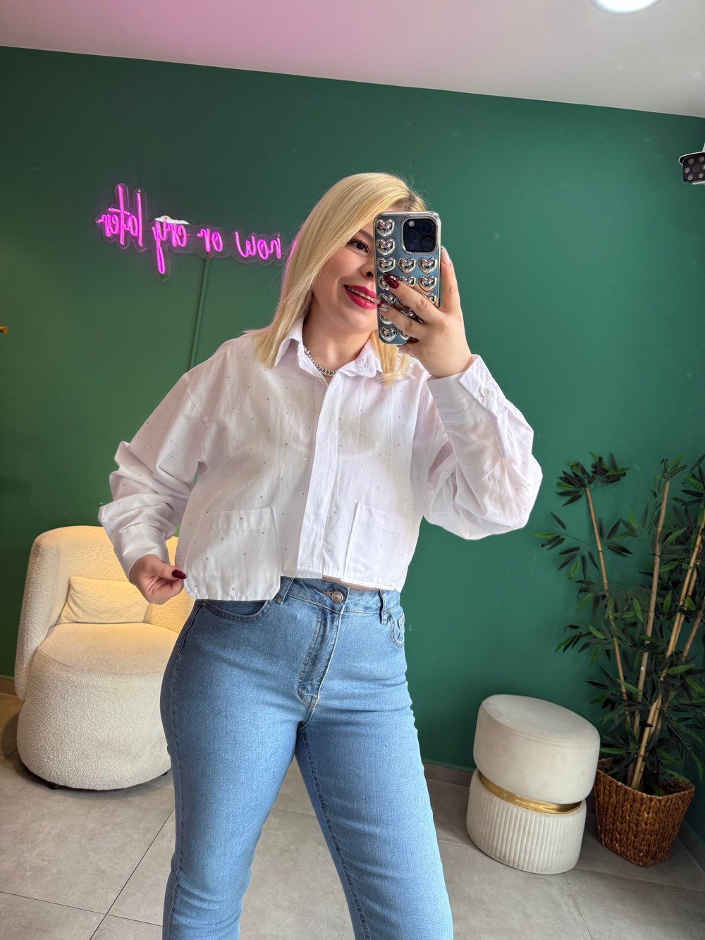 Beyaz Taşlı Crop Gömlek