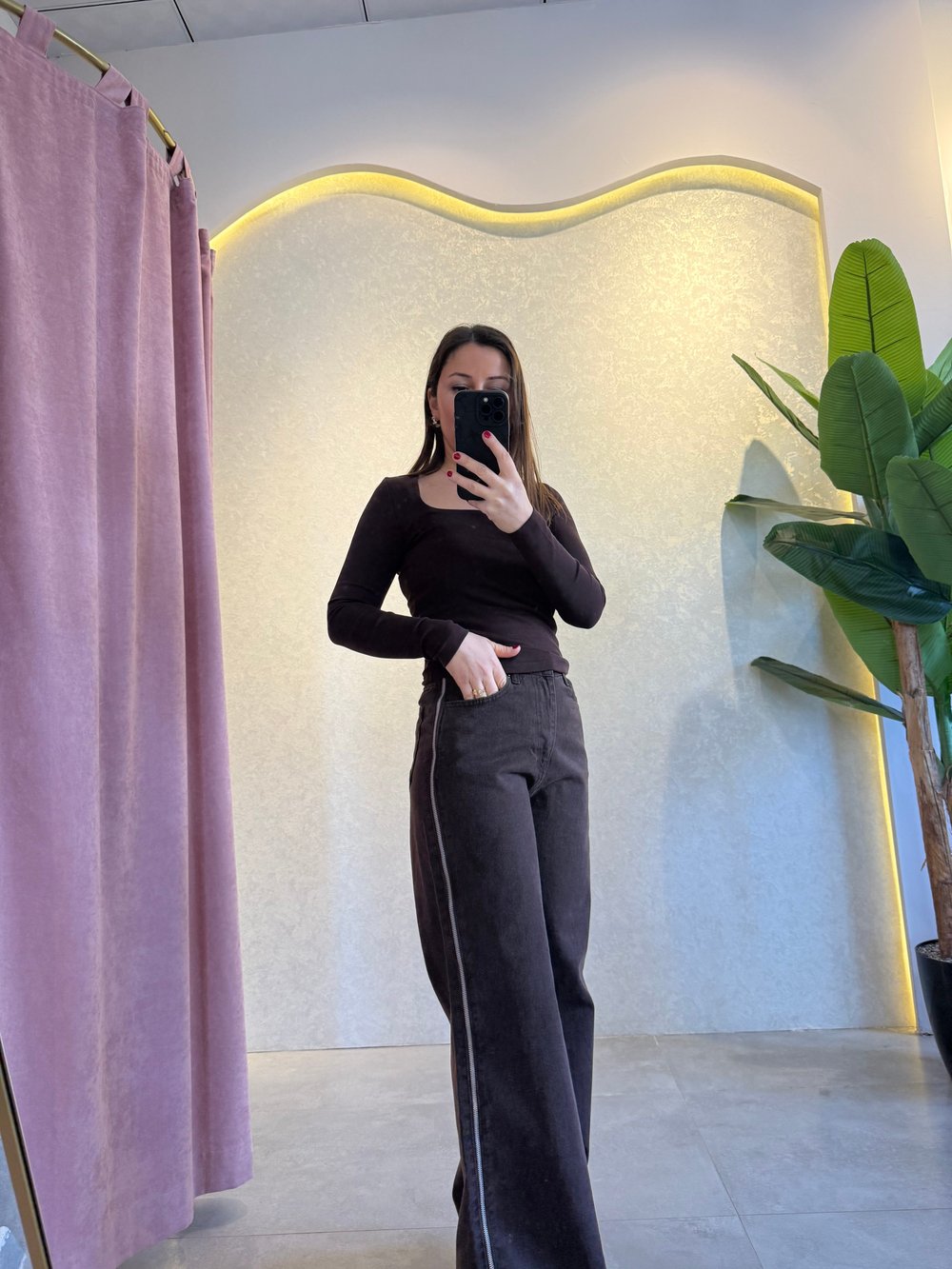 Kahve Yanı Fermuarlı Jean Pantolon 