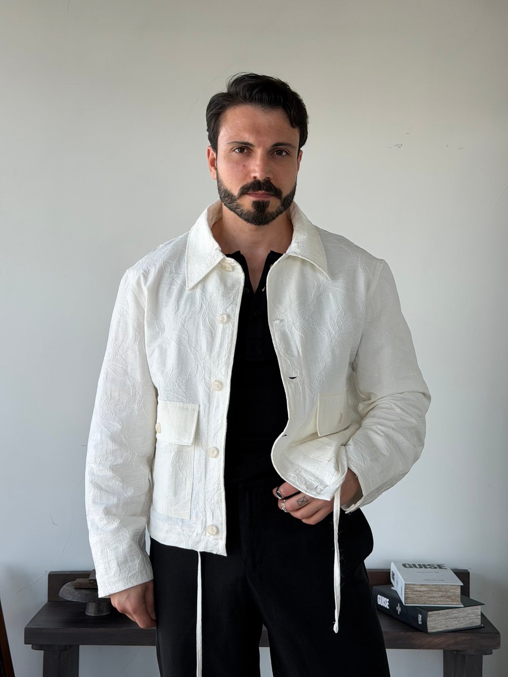 Sandro Desenli Beyaz Crop Ceket
