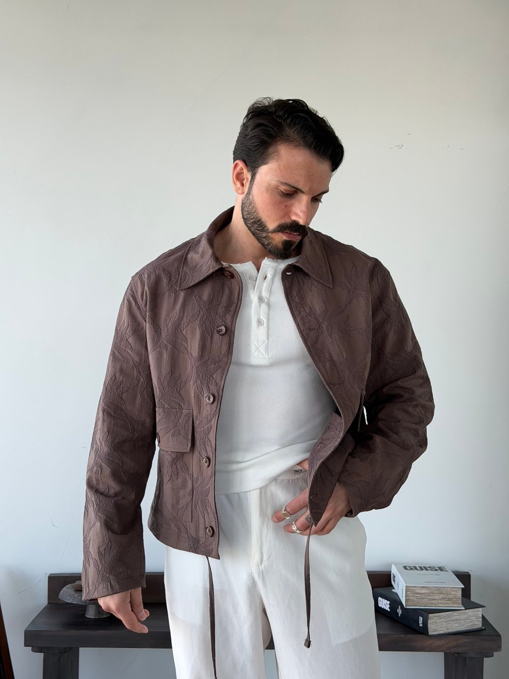 Sandro Desenli Kahve Crop Ceket