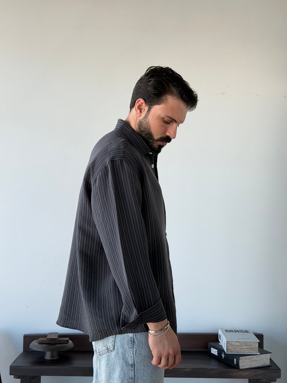Aline Oversize Çizgili Antrasit Gömlek