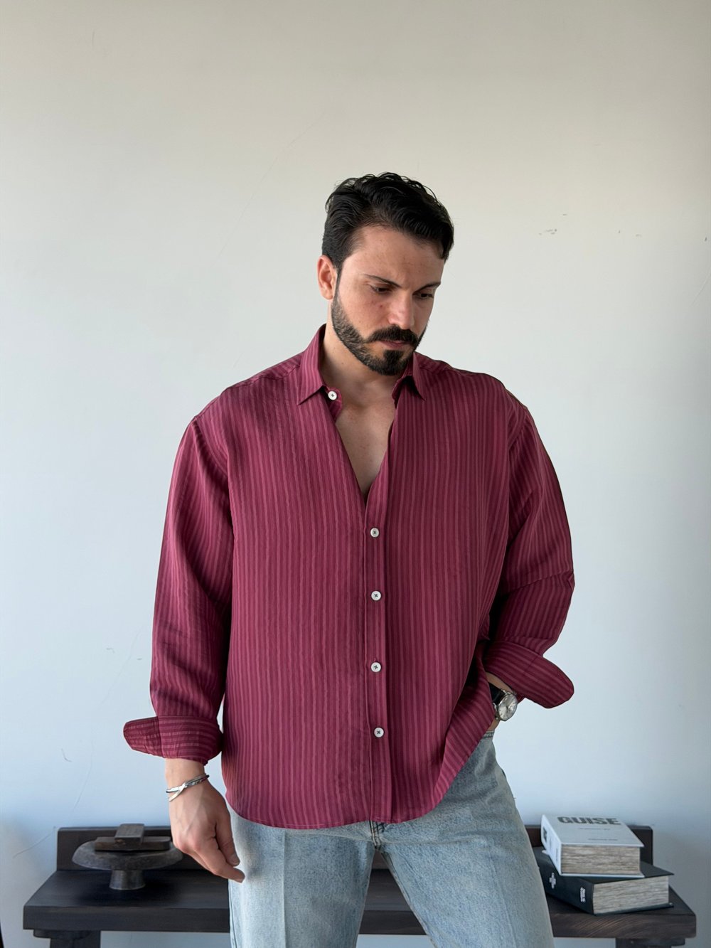 Aline Oversize Çizgili Bordo Gömlek