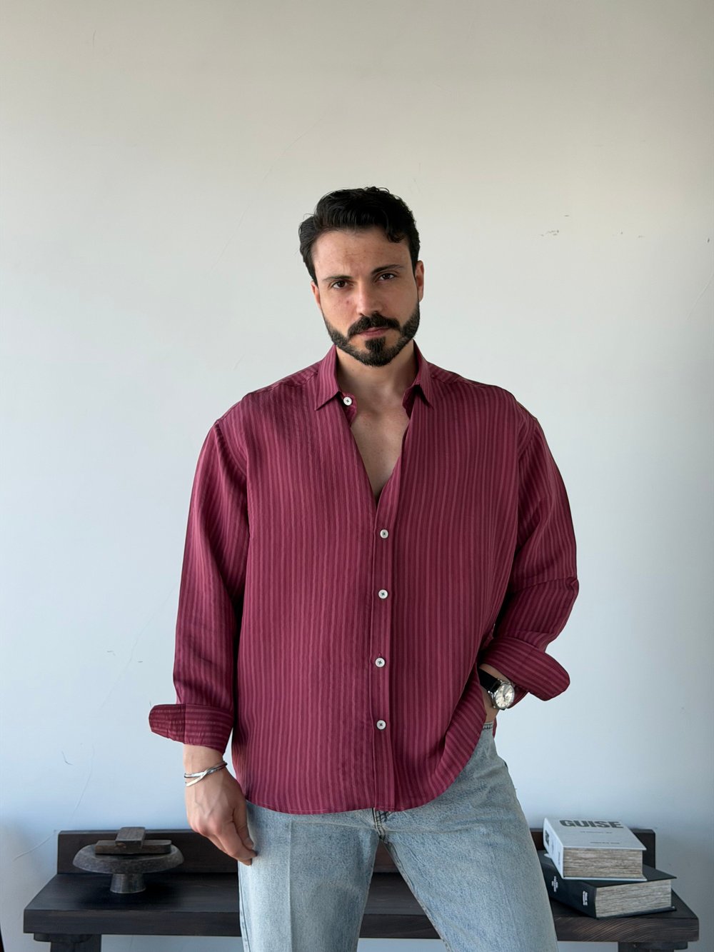 Aline Oversize Çizgili Bordo Gömlek