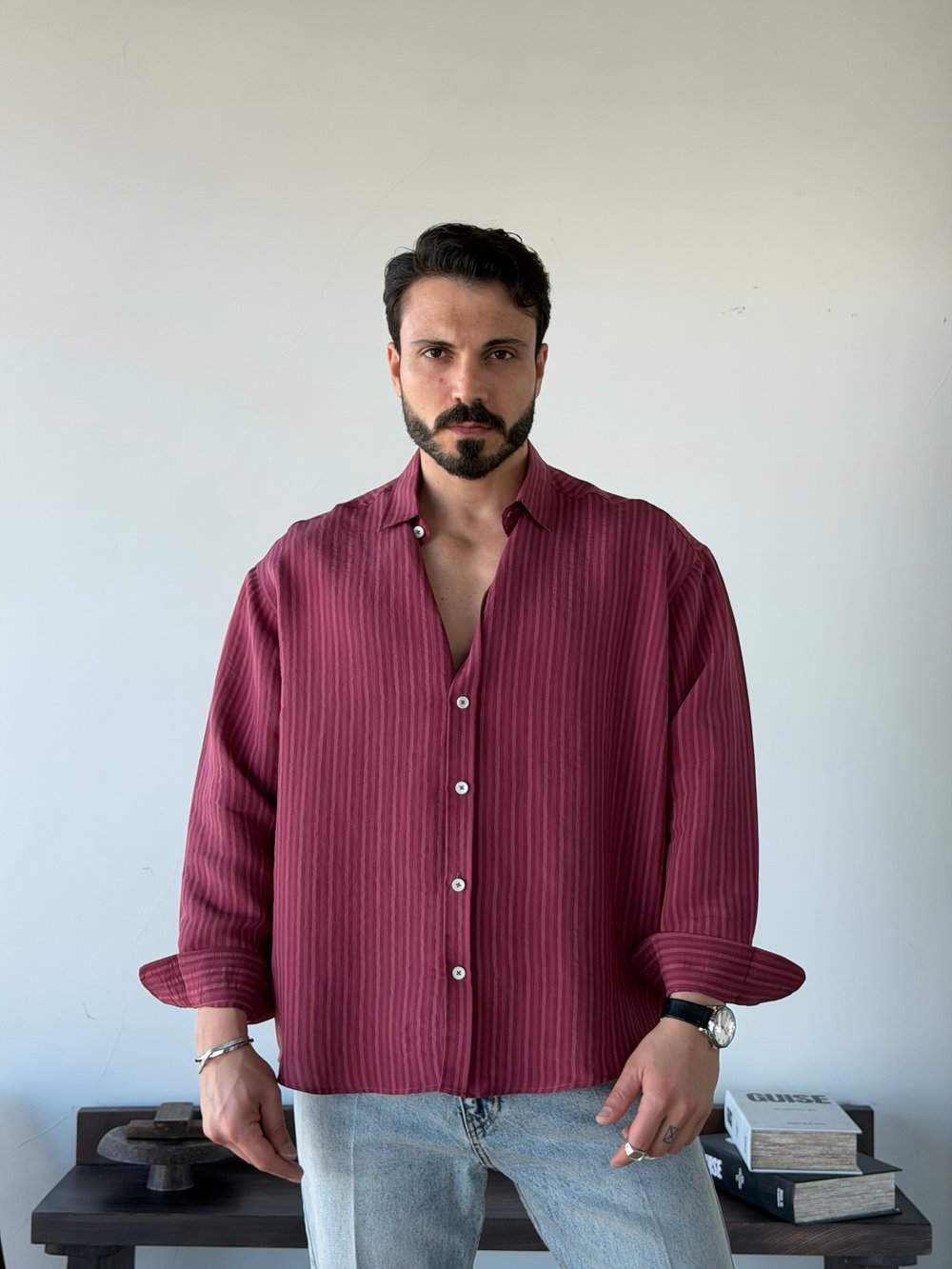 Aline Oversize Çizgili Bordo Gömlek