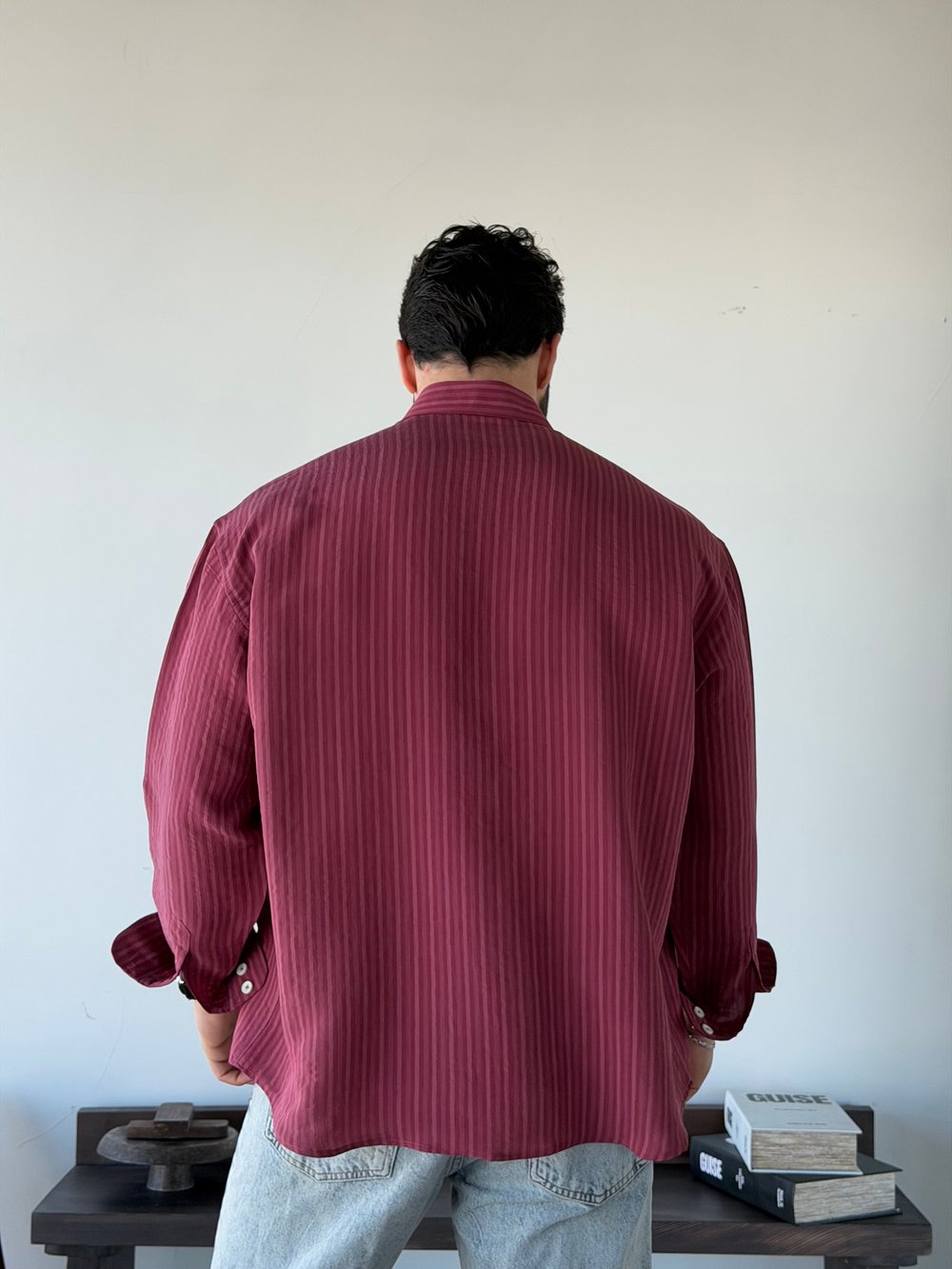 Aline Oversize Çizgili Bordo Gömlek