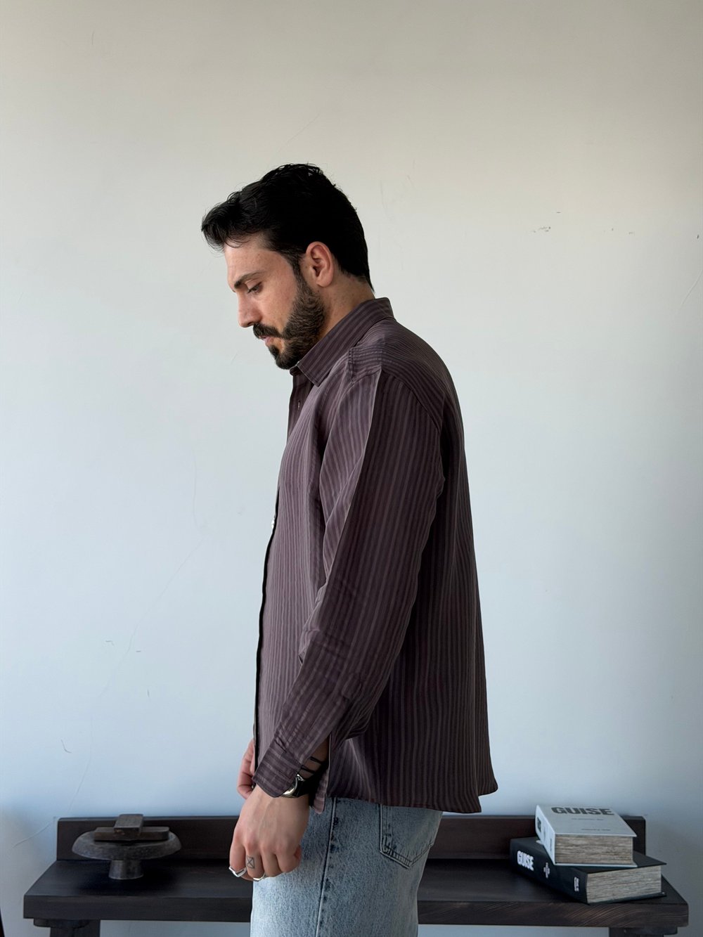 Aline Oversize Çizgili Kahve Gömlek
