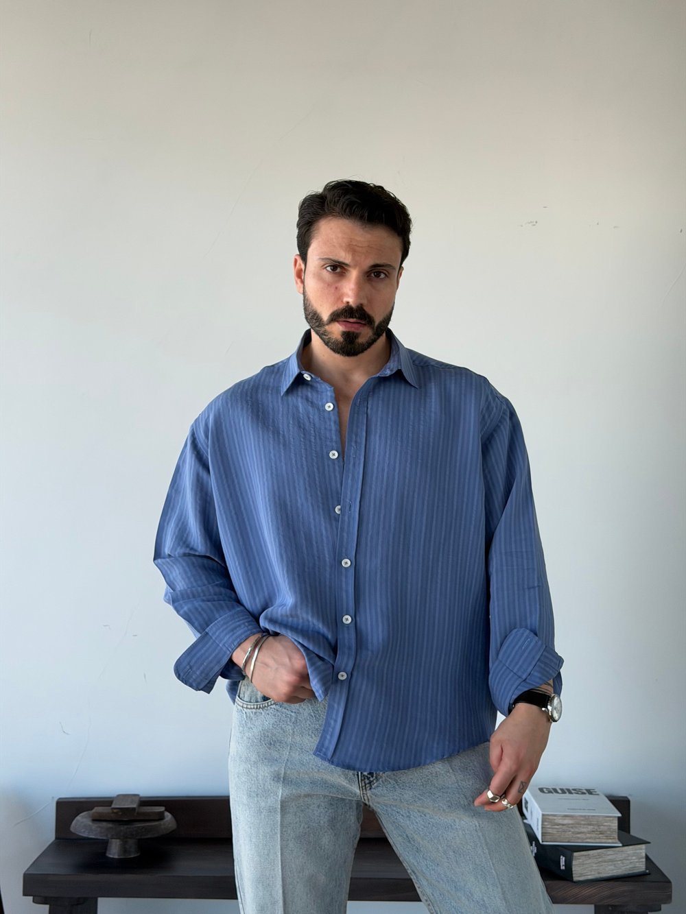 Aline Oversize Çizgili Mavi Gömlek