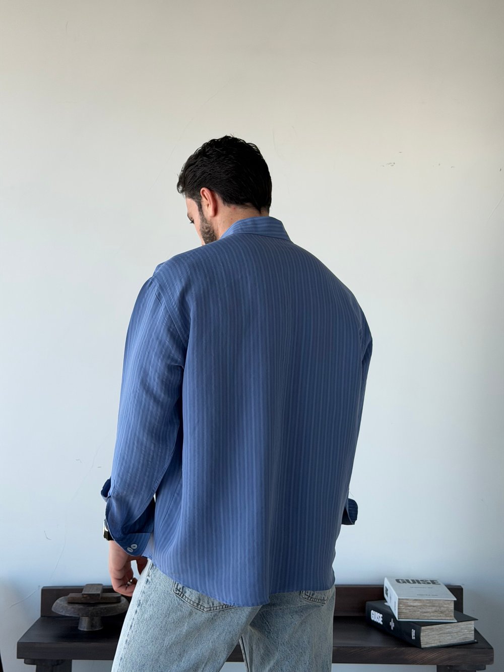 Aline Oversize Çizgili Mavi Gömlek