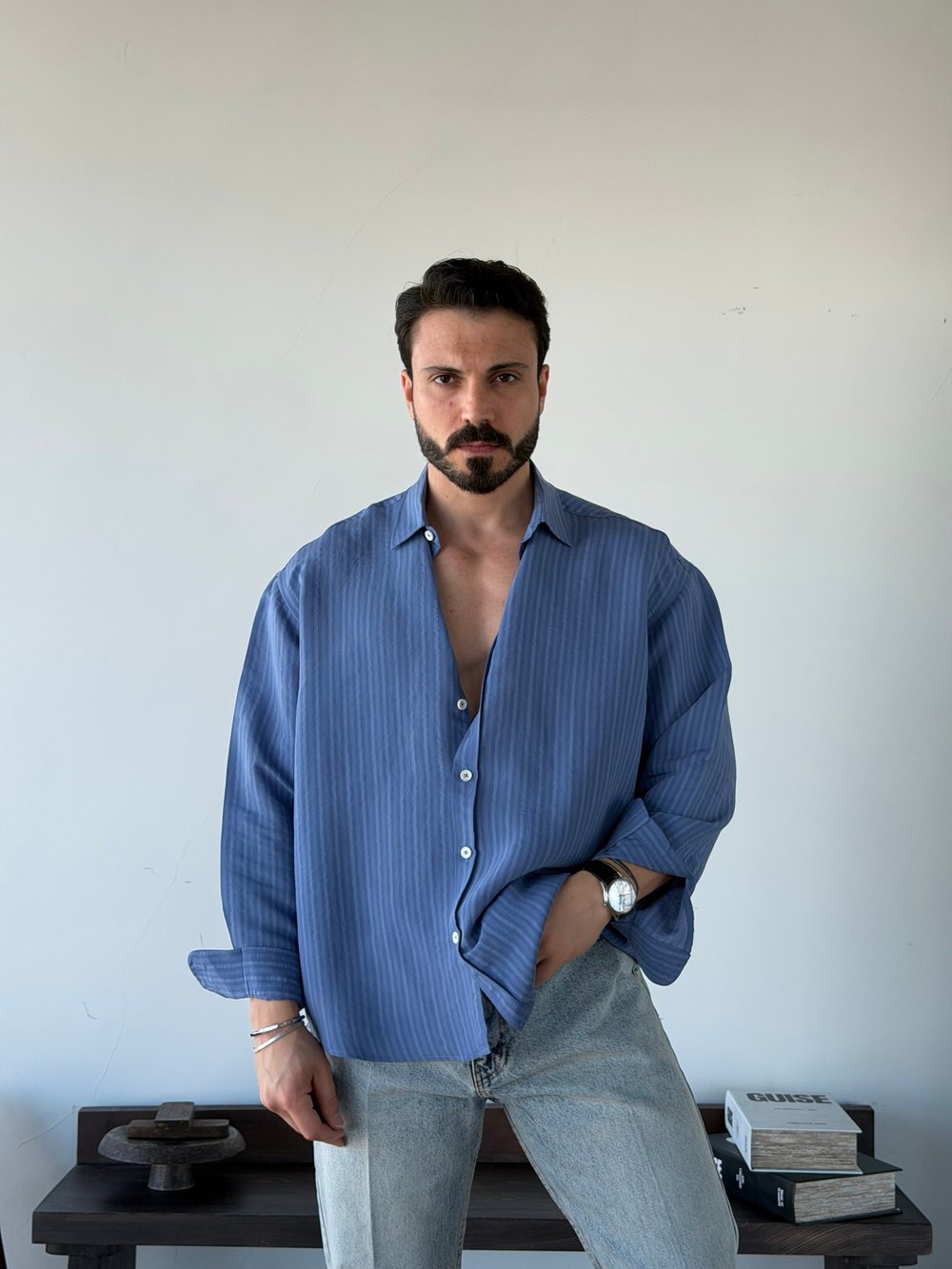 Aline Oversize Çizgili Mavi Gömlek