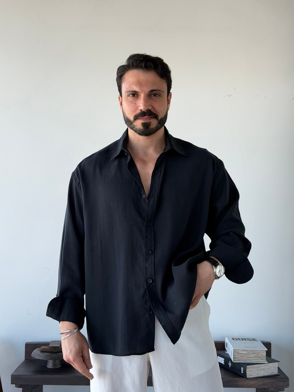 Arven Oversize Siyah Modal Gömlek