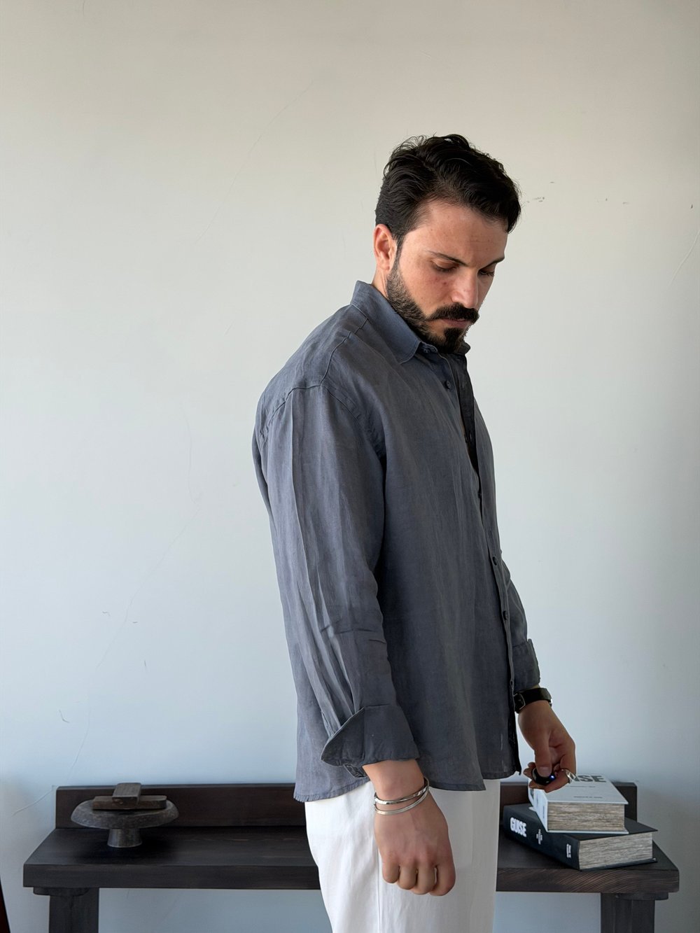 Berlinen Oversize %100 Linen Gri Gömlek