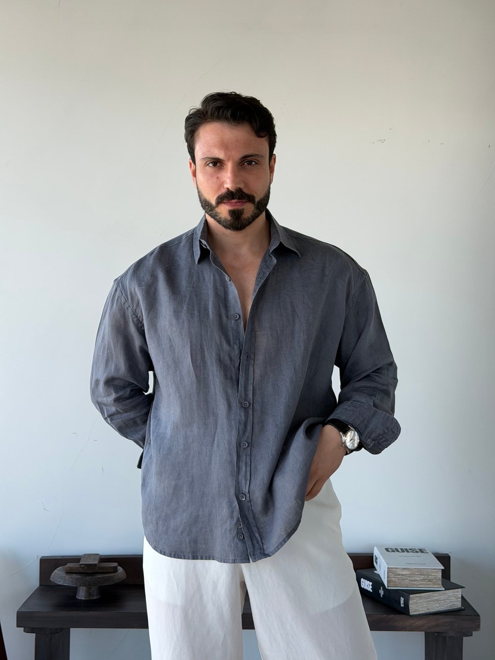 Berlinen Oversize %100 Linen Gri Gömlek