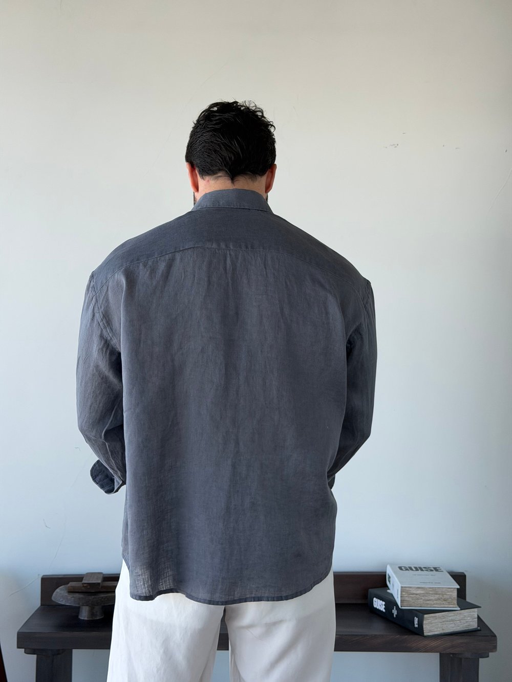 Berlinen Oversize %100 Linen Gri Gömlek