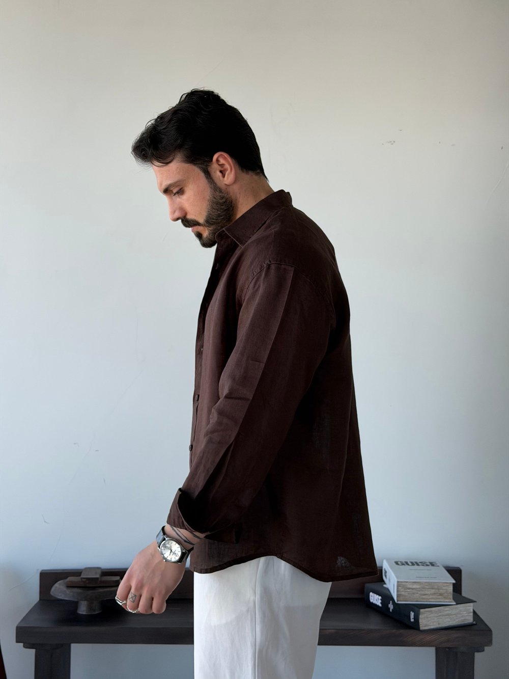 Berlinen Oversize %100 Linen Kahve Gömlek