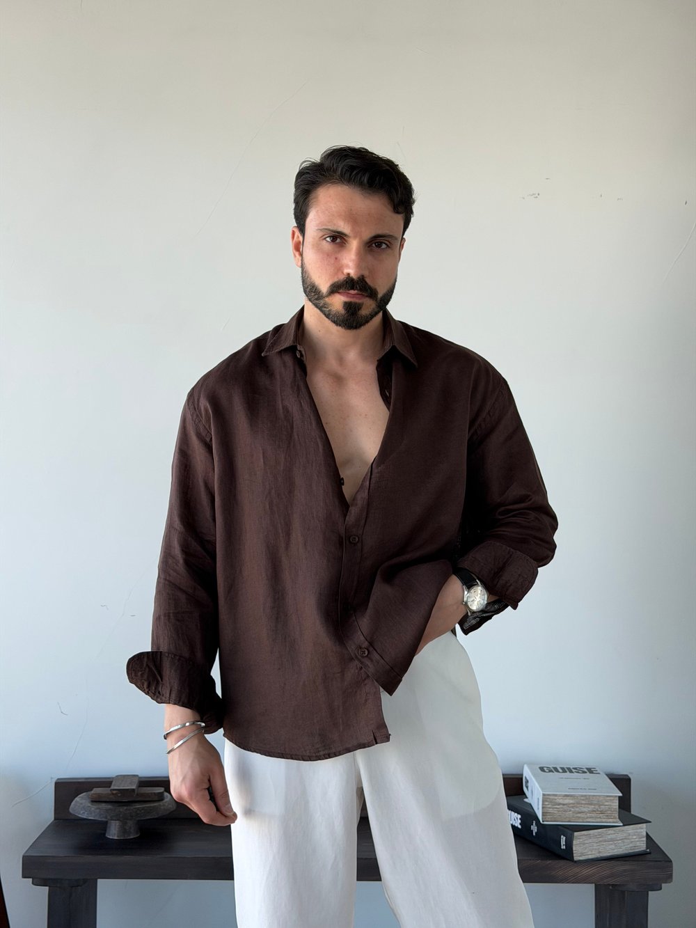 Berlinen Oversize %100 Linen Kahve Gömlek