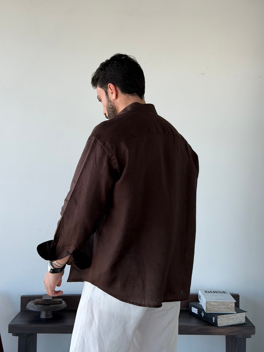 Berlinen Oversize %100 Linen Kahve Gömlek