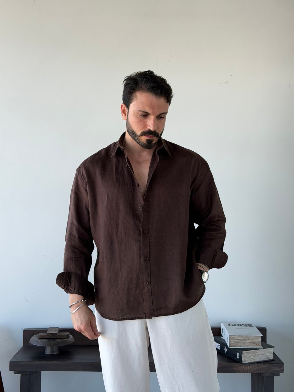 Berlinen Oversize %100 Linen Kahve Gömlek