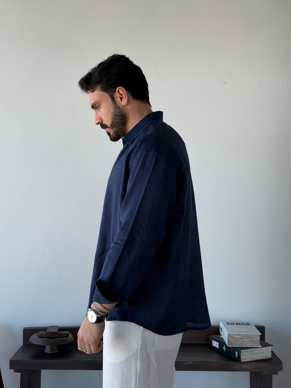 Berlinen Oversize %100 Linen Lacivert Gömlek