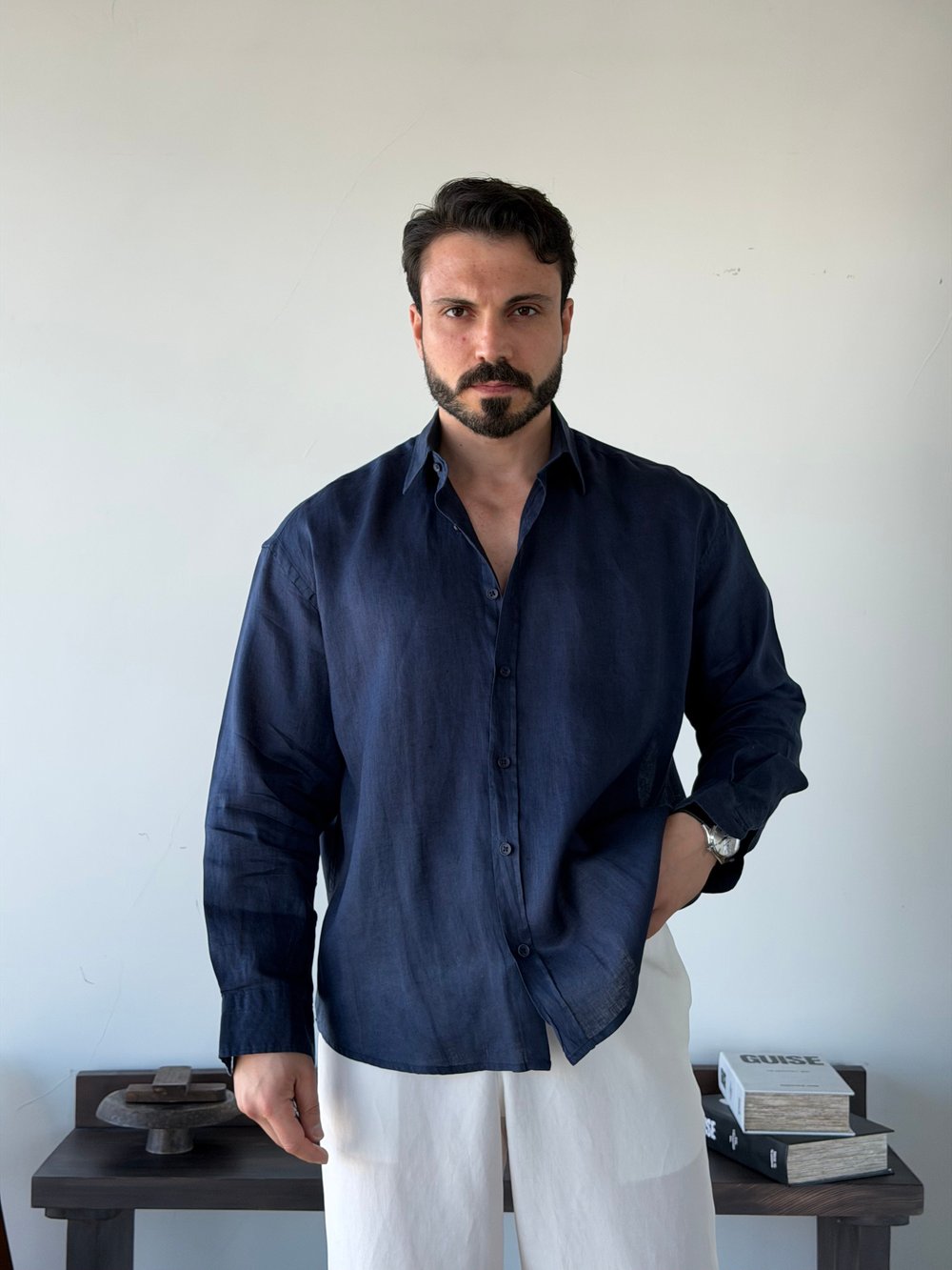 Berlinen Oversize %100 Linen Lacivert Gömlek