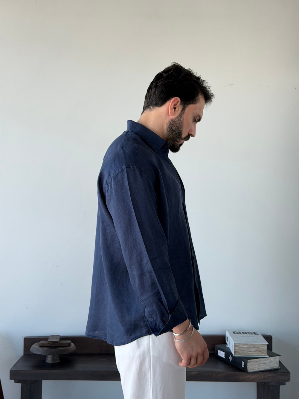 Berlinen Oversize %100 Linen Lacivert Gömlek