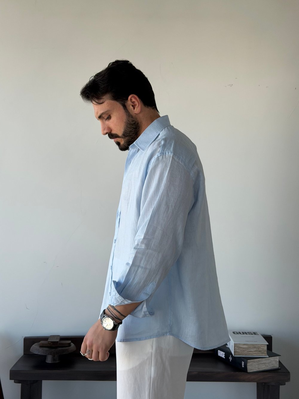 Berlinen Oversize %100 Linen Mavi Gömlek
