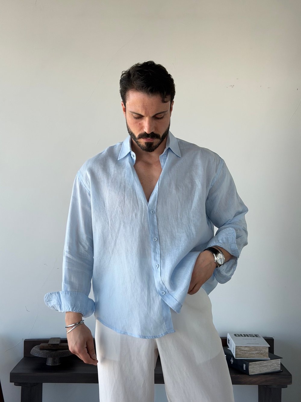 Berlinen Oversize %100 Linen Mavi Gömlek