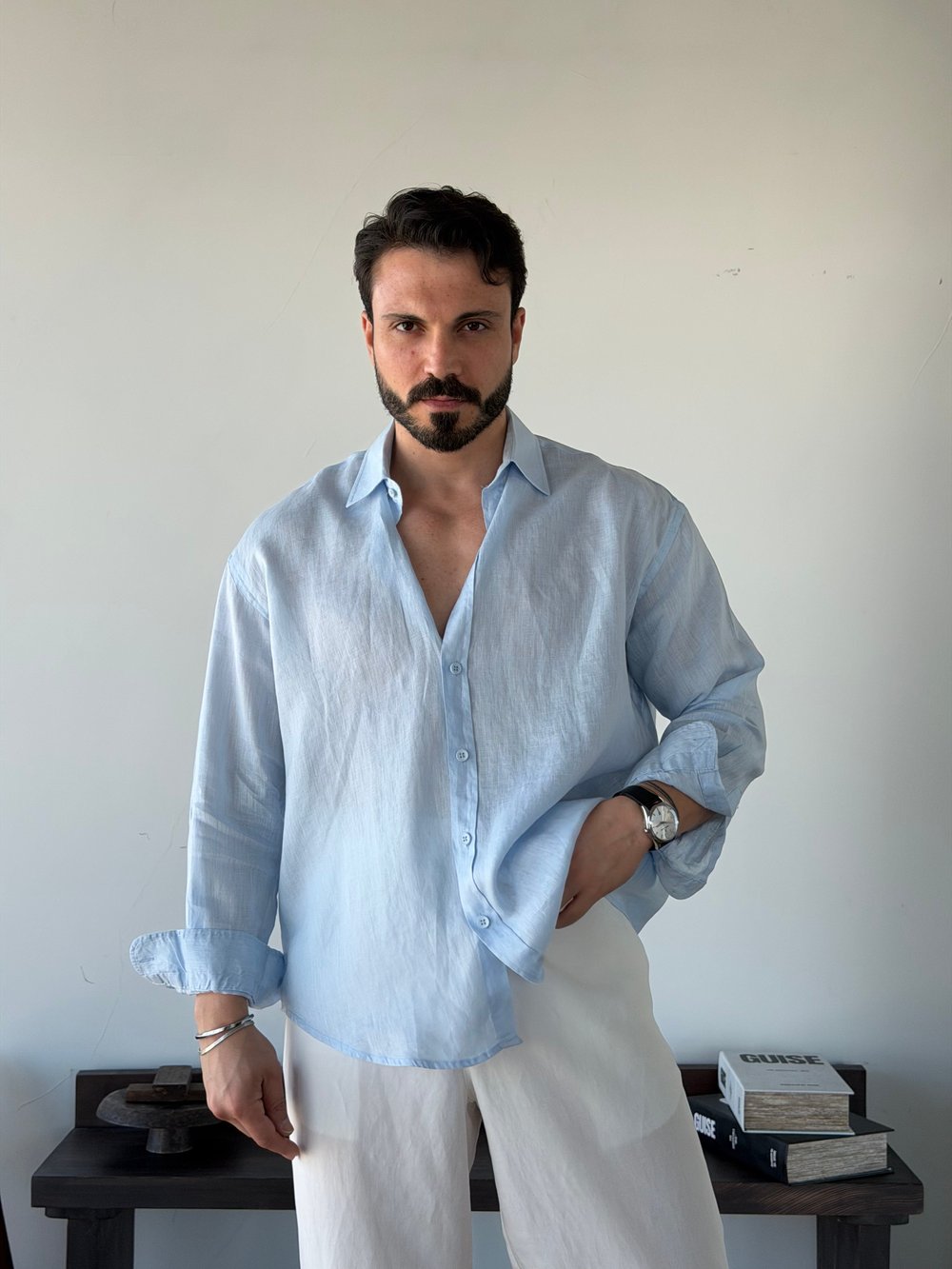 Berlinen Oversize %100 Linen Mavi Gömlek
