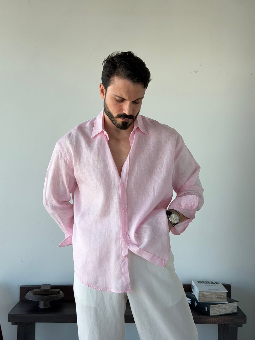 Berlinen Oversize %100 Linen Pudra/Rose Gömlek