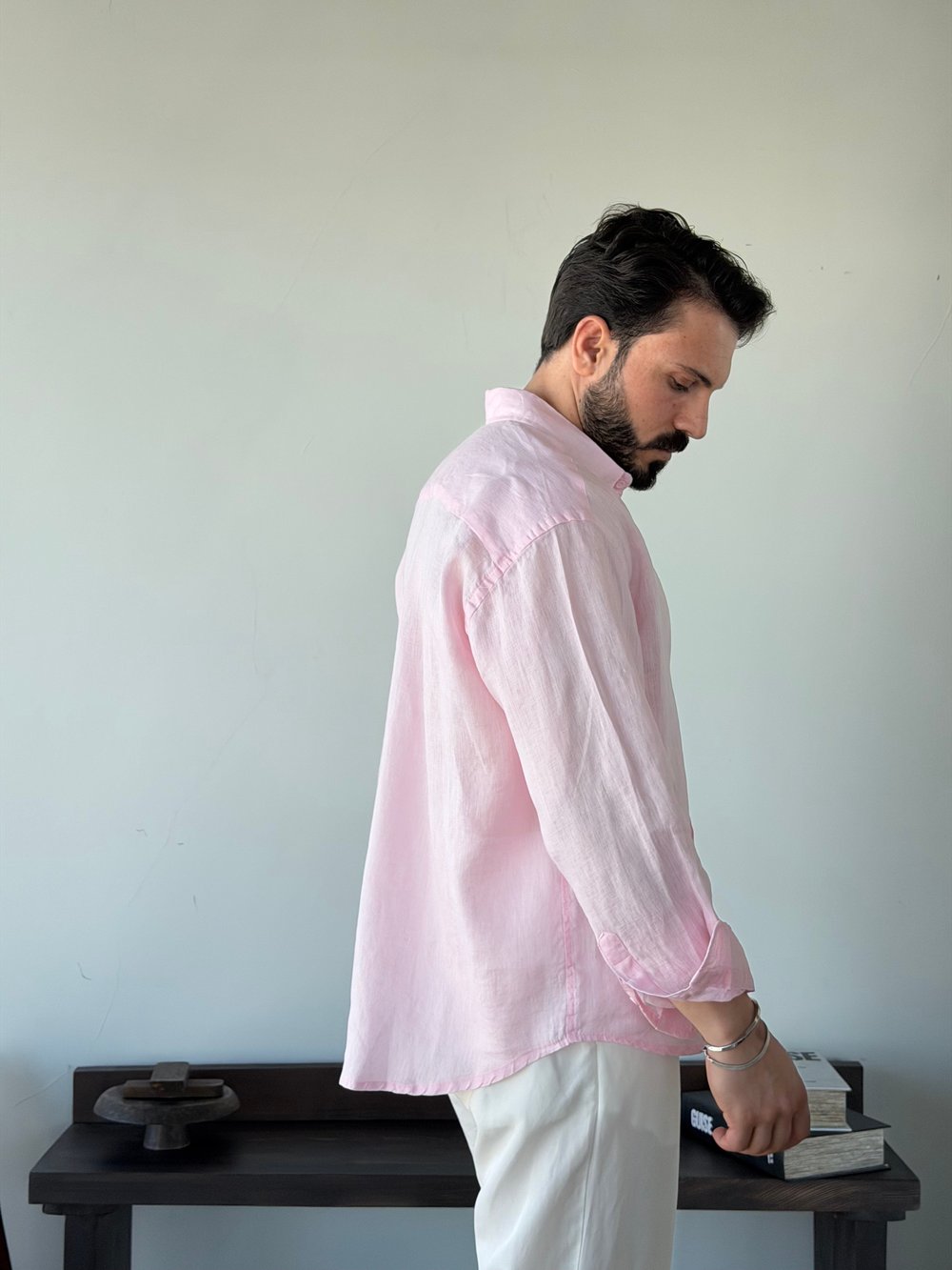 Berlinen Oversize %100 Linen Pudra/Rose Gömlek