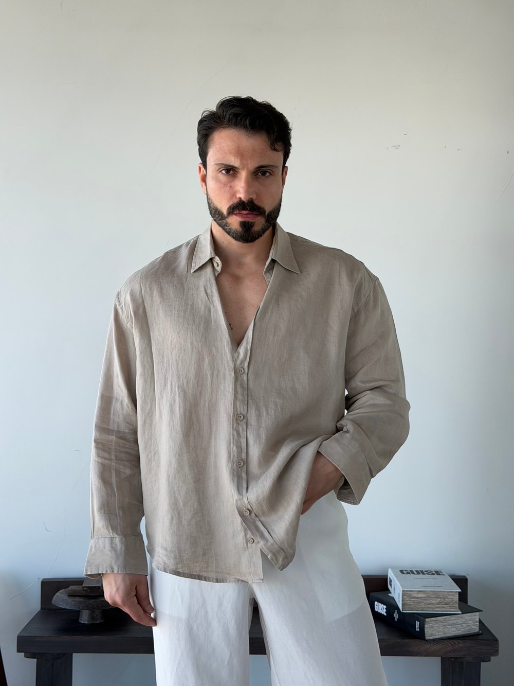 Berlinen Oversize %100 Linen Bej Gömlek