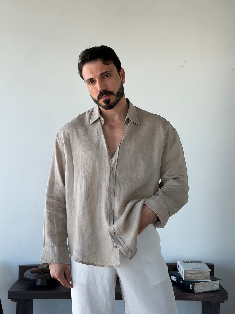 Berlinen Oversize %100 Linen Bej Gömlek