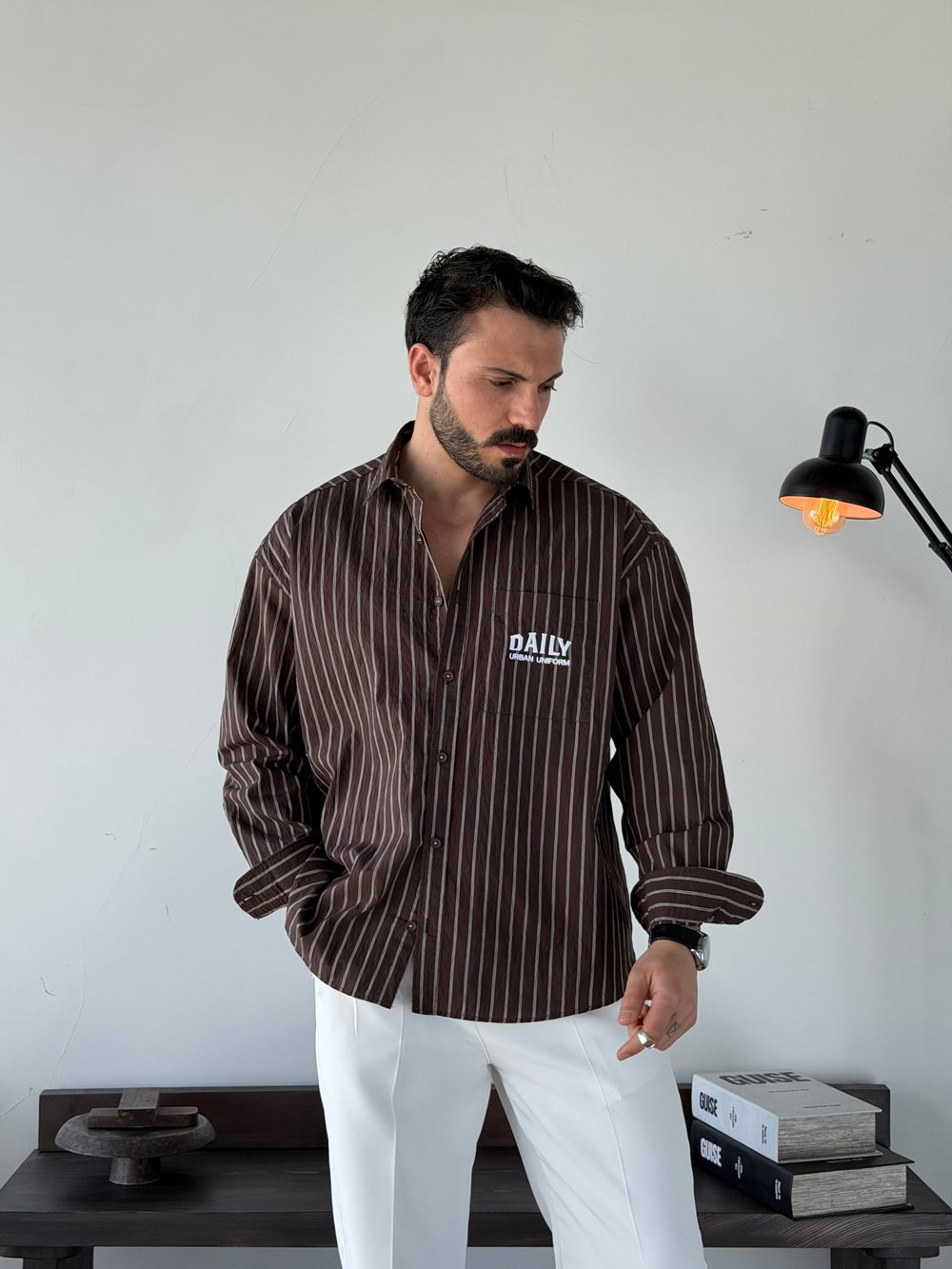 Daily Oversize Kahve Çizgili Gömlek