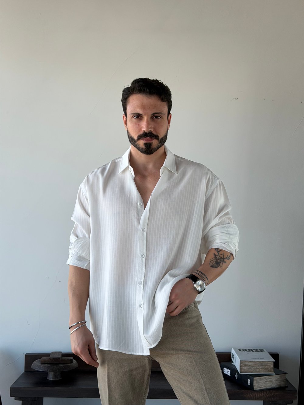 Edoras Oversize Desenli Tensel Beyaz Gömlek