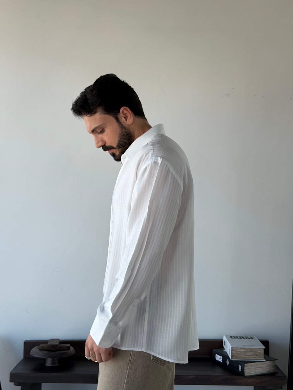 Edoras Oversize Desenli Tensel Beyaz Gömlek