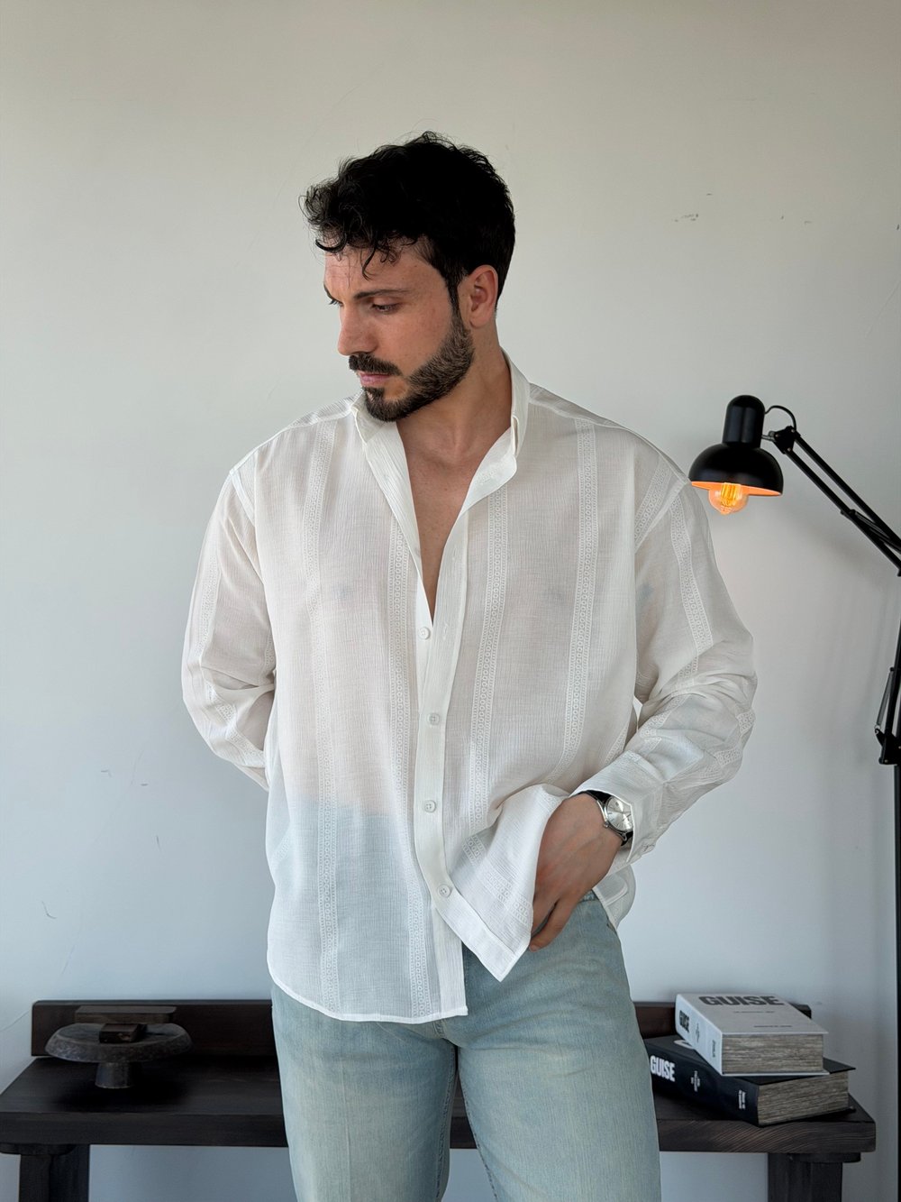 Elfa Pres Nakışlı Oversize Beyaz Gömlek