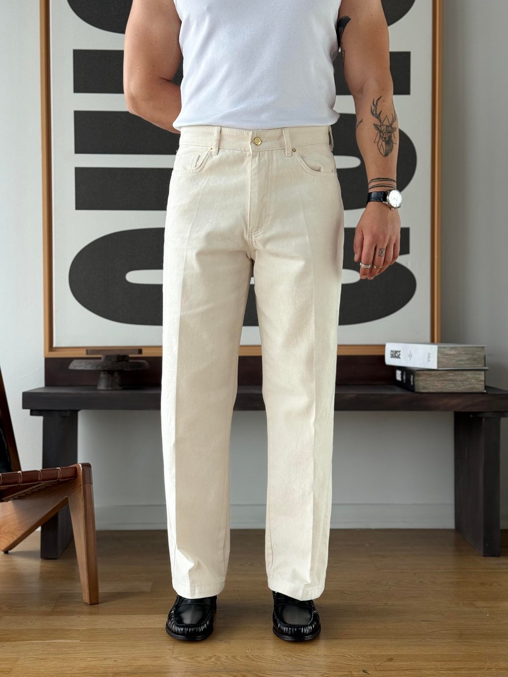 Flok Dokulu Ekru Baggy Pantolon