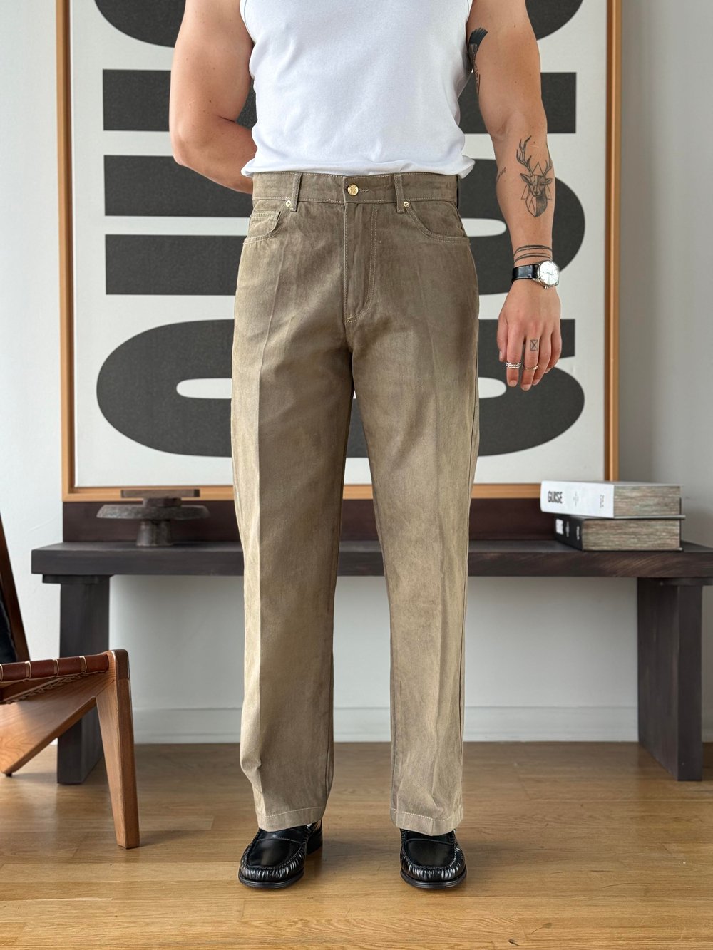 Flok Dokulu Haki Baggy Pantolon