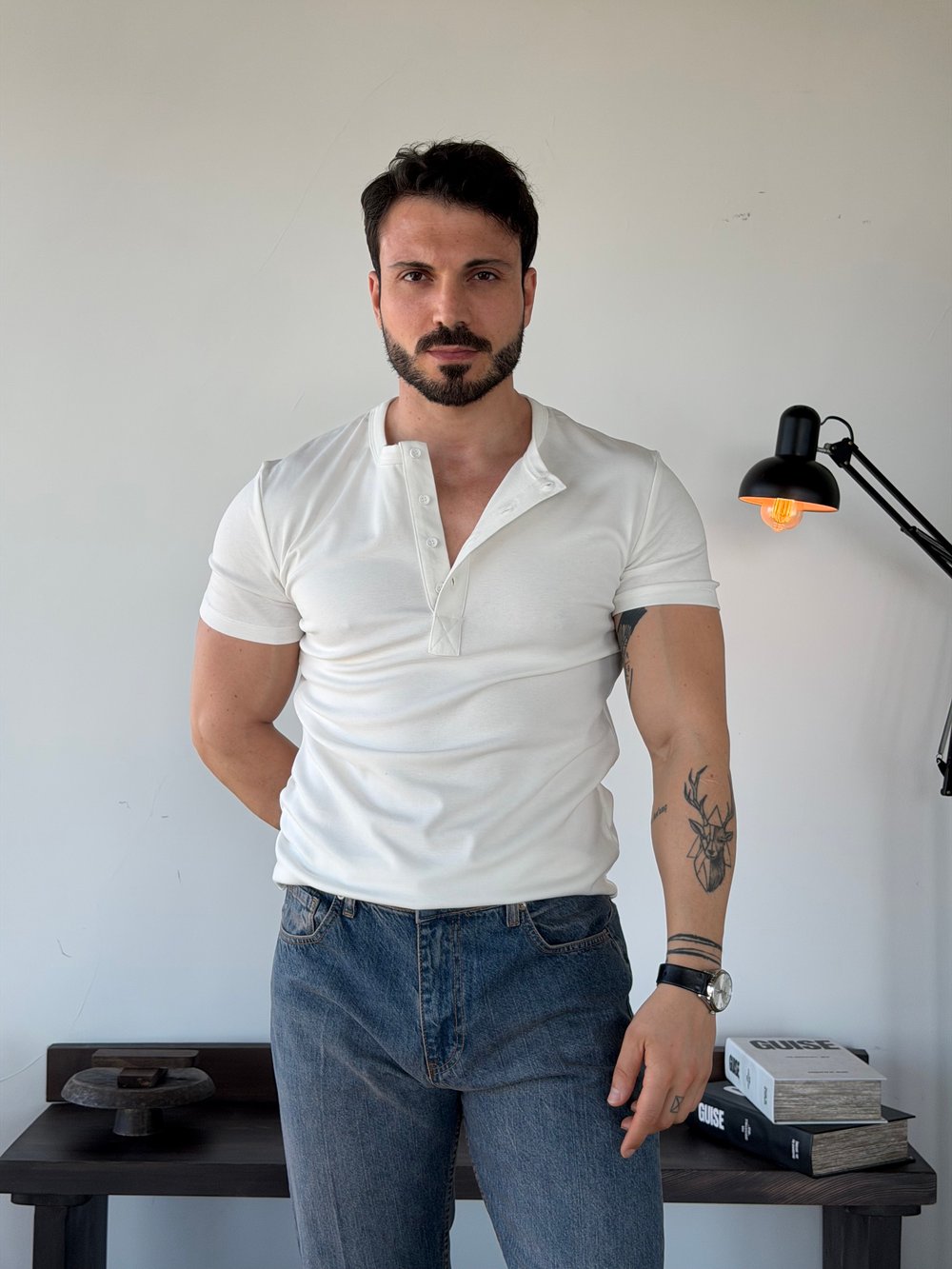 Knit Modal Henley Beyaz Tişört