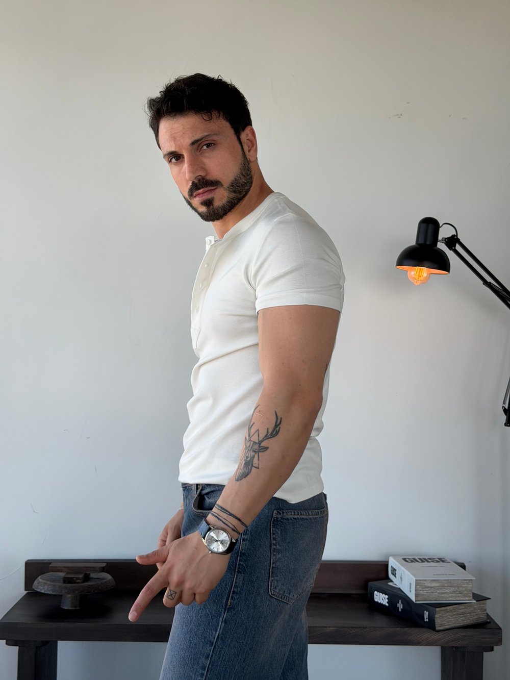 Knit Modal Henley Beyaz Tişört