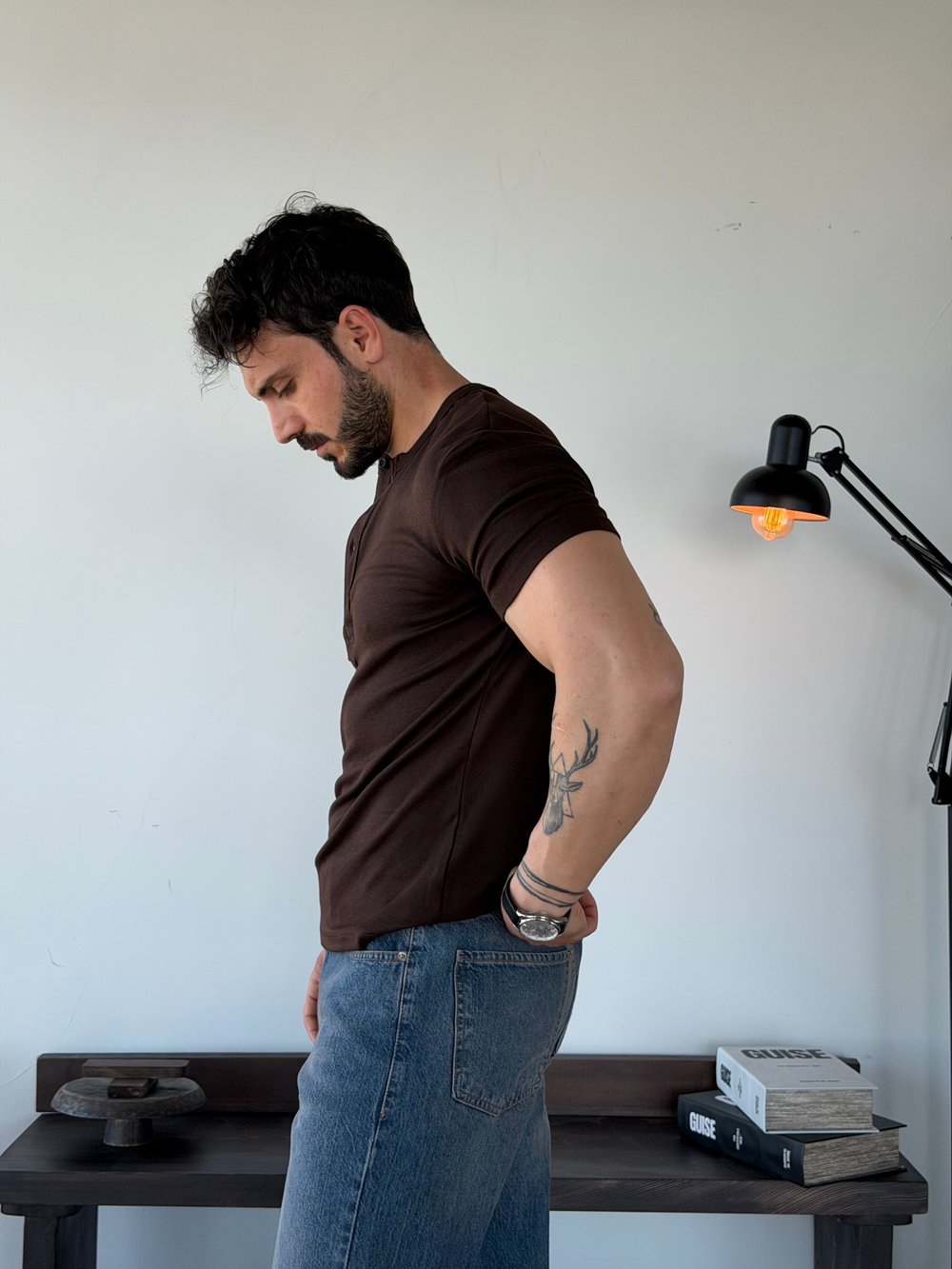 Knit Modal Henley Kahve Tişört
