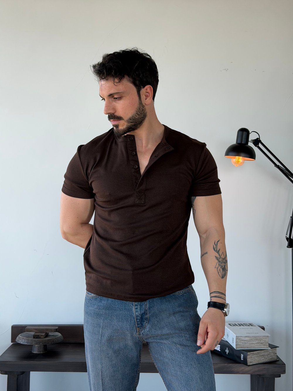 Knit Modal Henley Kahve Tişört