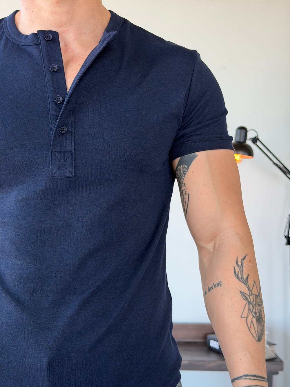 Knit Modal Henley Lacivert Tişört