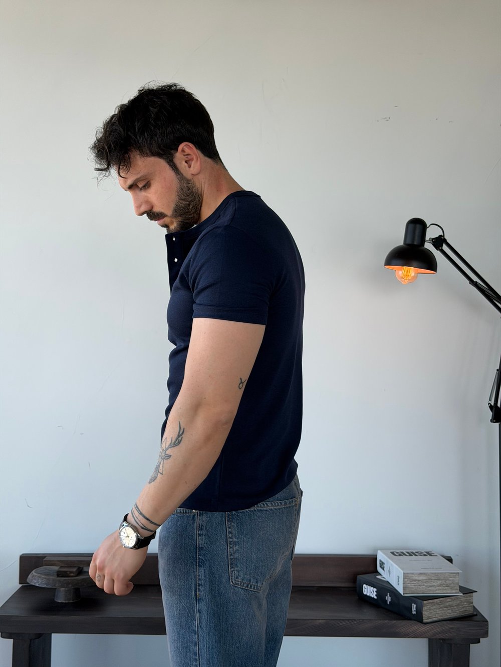 Knit Modal Henley Lacivert Tişört